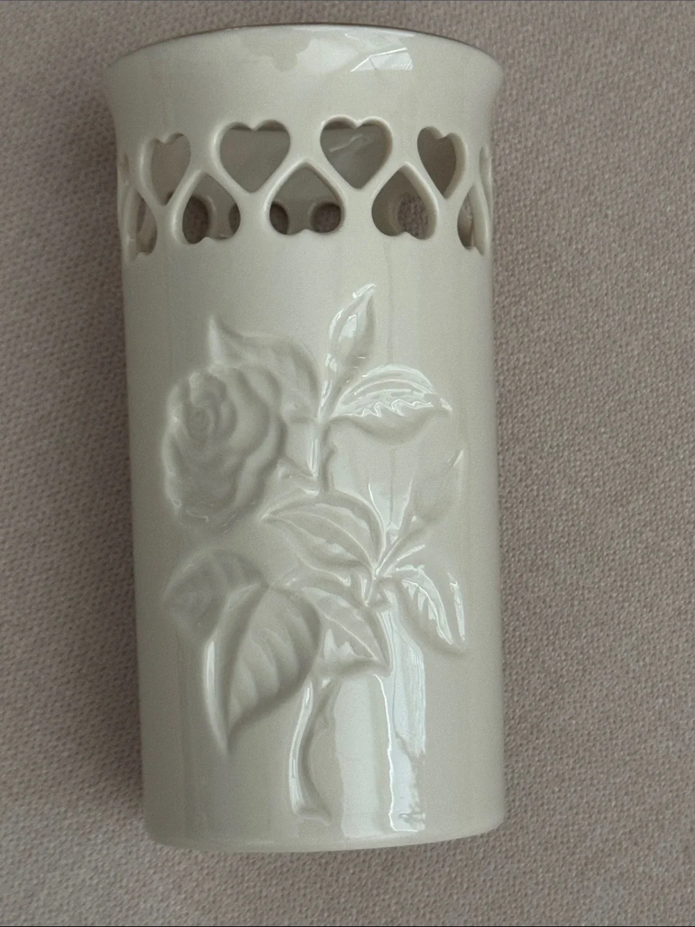 Vintage Lenox 6 Inch Pierced Rose Hearts Vase Ivory China 24K Gold Trim USA